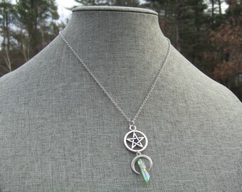 Lunar Witch Quartz Pentacle Spiritual Necklace Pentagram Protective Creative Moon Crescent Horn