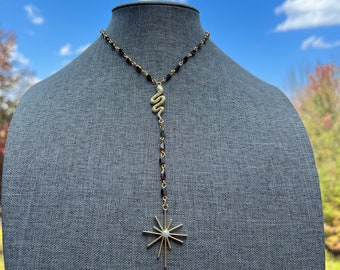 Witchy Serpent Goddess Golden Beaded Rosary Style Lariat Necklace with Snake and celestial Starburst
