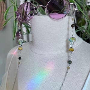 Whimsical Earthy Mushroom Peace Stone and Glass Glasses Chain Stainless Steel Chain Cottage Whimsigoth Witchy Vibes