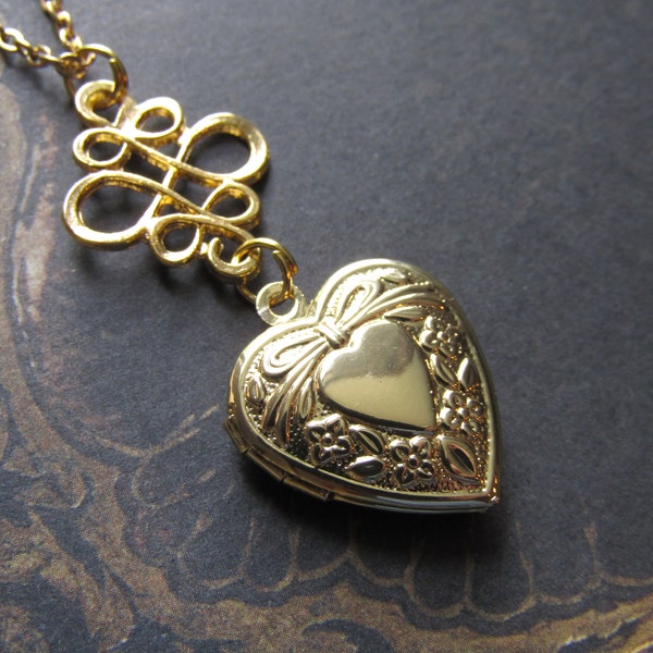 Elegant 18kg Plated Golden Photo Locket Necklace Gold Color Heart Victorian Retro Vintage Forest Cottage Inspired Jewelry