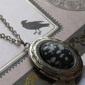 Snowflake Obsidian Stone Photo Locket Necklace Stainless Steel Chain Cottage Core Fairycore Fairygrunge Victorian Cameo Style Retro