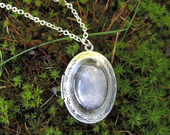 Moon Glow Pale Rose Quartz Stone Photo Locket Necklace Stainless Steel Chain Cottage Core Fairycore Fairygrunge Victorian Cameo Style Retro