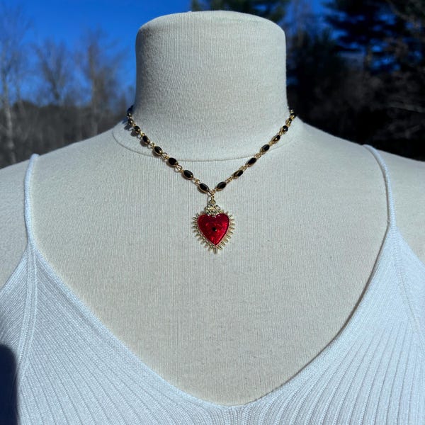Gothic Sacred Heart Necklace Gothic Coquette Vibes Golden Rimmed Black Unique Beaded Statement Piece in Your choice of lengths