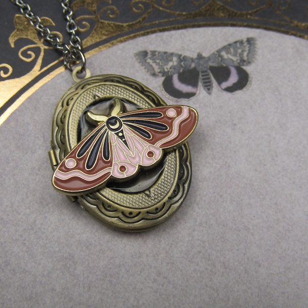 Pink Moth Photo Locket Witchy Woman Necklace Stainless Steel Chain Witch Fairy Cottage Core