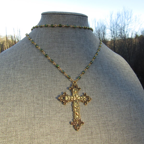 Double Rosary Necklace Large Golden Cross with Green and Gold Dainty Beaded Chains Christian Choker Collar Necklaces