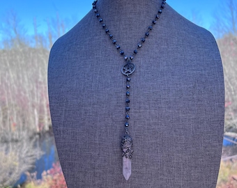Pagan Rosary with Stone and Pentacle Long Statement Necklace Midnight Aurora Glass Faceted Beads