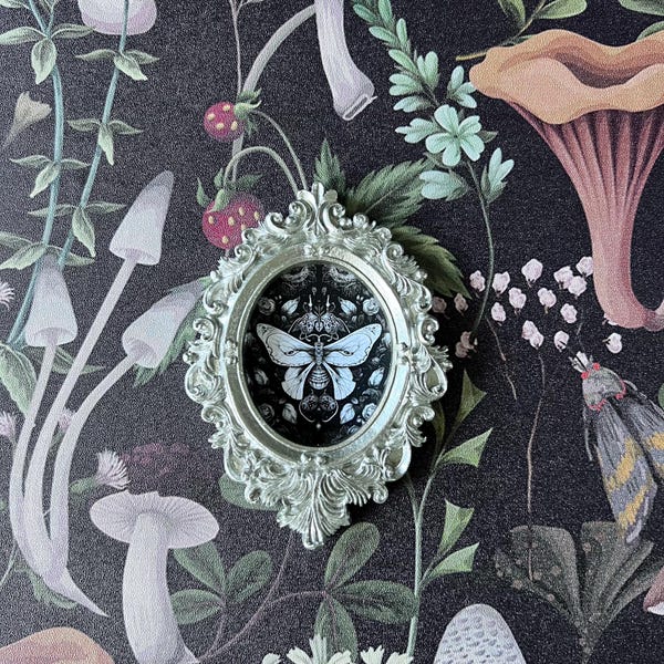 Spooky Moth Print Framed Oddities Wall Hanging or Easel Gothic Home Decor Heavy Ornate Silver Resin Frame