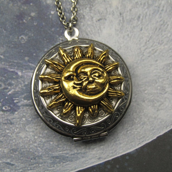 Celestial Godess Stainless Steel Necklace Photo Locket Necklace Chain Moon Sun 90s Y2K retro zodiac astrology golden and silver mixed metals