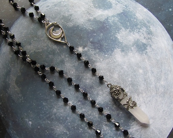 Lunar Witch Quartz Elegant Pagan Rosary Long Statement Necklace Witchy Woman