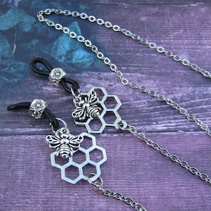 Dainty Bees Honeycomb Glasses Chain Sunglasses EyeGlass Holder Clips Clip on Chains Beaded Style Boho Cottage Garden