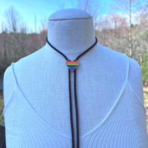 Rainbow Heart Bolo Tie Necklace Black Cord Pride Love