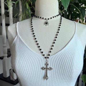 Gothic Sacred Heart Rosary Inspired Double Hung Beaded Cross Necklace Unique Statement Piece