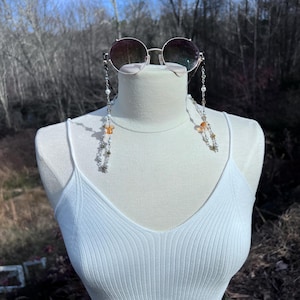 Whimsigoth Glass Mushroom Faux Pearl Glasses Chain Stainless Steel Chain with Lovely Earth Tones