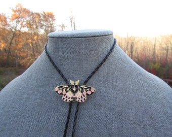 Forest Witch Moth Bolo Tie Necklace Black Braided Cord Golden Color Metal Cottagecore Witchy Vibes