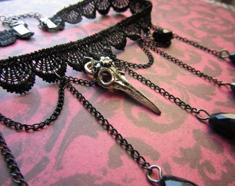 Gothic Choker Necklace Death  Raven Bird Crow Head Witch Gothic Goth Woods Spooky Ornate Victorian Drapped Beaded Dangle