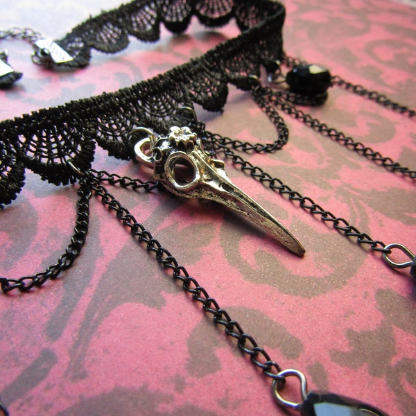 Gothic Choker Necklace Death  Raven Bird Crow Head Witch Gothic Goth Woods Spooky Ornate Victorian Drapped Beaded Dangle