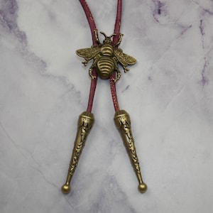 Bumble Bee Bolo Tie Necklace Burgundy Cord with Bronze Color Metal Cottage Core Cottagecore Forest Witch