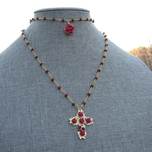 Blood Red Rose Golden Crusifix Rosary Mallgoth Double Hung Necklace Two Beaded Chains Christian Choker Collar Necklaces Long Beaded Unique