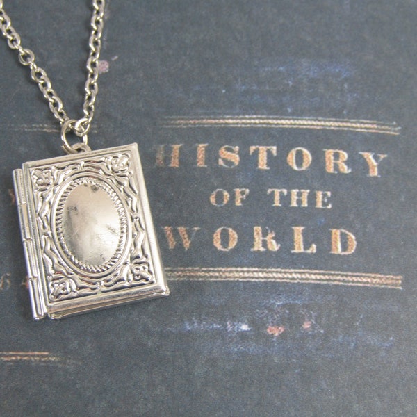 Photo Album Book Locket Necklace Silver Color Stainless Steel Victorian Retro Vintage Inspired Jewelry