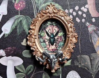 May include: A gold-colored, ornate oval frame with a detailed insect illustration. The frame has a silver ram skull at the bottom. The insect is dark green with large mandibles, set against a floral background. The frame is mounted on a dark floral wallpaper.