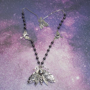 Witchy Woman Midnight Moth Long Statement Necklace Rosary Beaded Unique Handmade