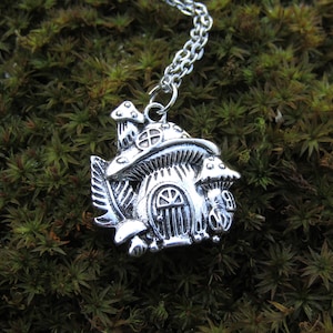 Fairy Cottage Mushroom House Necklace Stainless Steel Necklace Chain Cottagecore Woods Trees Collar Choker Long Options