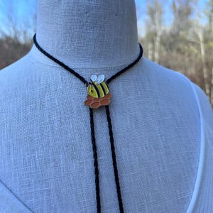 Honey Bee Bolo Tie Necklace Black Braided Leather Cord Cottagecore Green Witch Vibes