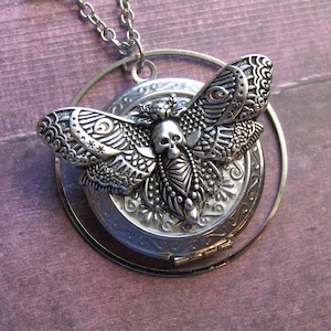 Death Head Moth Photo Locket Necklace Stainless Steel Necklace Chain with Stunning Witch Gothic Goth Woods Spooky