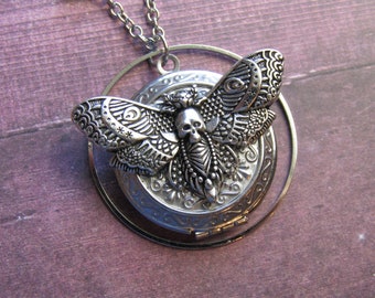 Death Head Moth Photo Locket Necklace Stainless Steel Necklace Chain with Stunning Witch Gothic Goth Woods Spooky