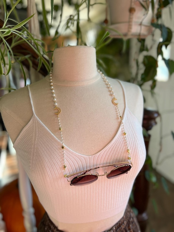 Celestial Faux Pearl Glasses Chain Gold Color Plated Stars and Moons
