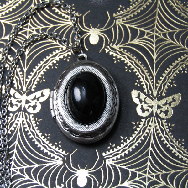 Gothic Black Stone Photo Locket Necklace Stainless Steel Chain
