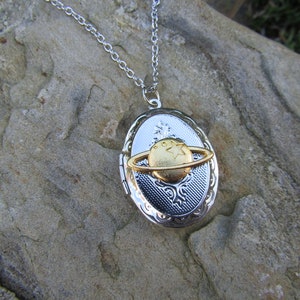 Saturn Photo Locket Necklace Stainless Steel Chain Space Celestial Rings