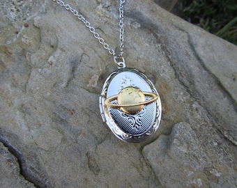 Saturn Photo Locket Necklace Stainless Steel Chain Space Celestial Rings