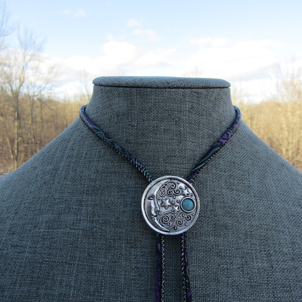 Funky Celestial Bolo Tie Necklace Unique Purple Cord Cottagecore Solar Sun and Moon