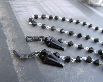 Goth Girl Black Coffin Glasses Chain for Sunglasses EyeGlass Holder Clips Clip on Chains Beaded Style Gothic Vampire