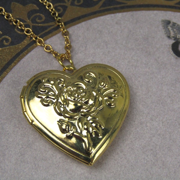 Golden Rose Photo Locket Necklace GoldColor Heart Victorian Retro Vintage Forest Cottage Inspired Jewelry