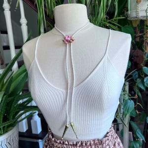 Lotus Blossom Bolo Tie Necklace Yallternative Cottagecore Vibes Cottage Gardener Faux Pearl OOAK one of a kind