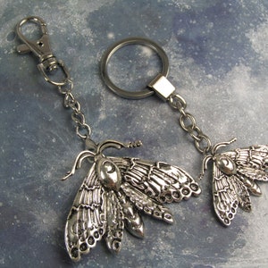 May include: Two silver keychains featuring detailed moth charms. The larger moth charm has intricate wings and a textured body. The smaller moth charm has a similar design but is slightly smaller.