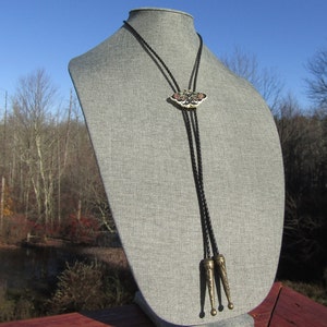 Celestial Rose Moth Bolo Tie Necklace Black Braided Leather Cord Golden and Bronze Color Metals Cottagecore Witchy Vibes