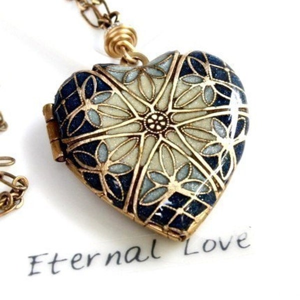 Filigree Blue Heart Locket - Navy, Light Buttercream, Med. Blue