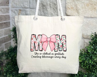 Mom She is Clothed Fancy Rope Tote Bag, Large & Elegant, Perfect for Stylish Moms, Durable and Spacious, Unique Gift for Mothers