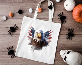 Eagle and USA Flag Tote Bag, Patriotic Flair with Durable Canvas, Fancy Rope Handles for Stylish Comfort, Spacious and Sturdy Bag