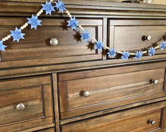 Moravian Paper Star Ornament Garland - Blue, Baby Boy Nursery, Gender Reveal, Hanukkah - Blue Stars with White Beads - NEW CREATION!