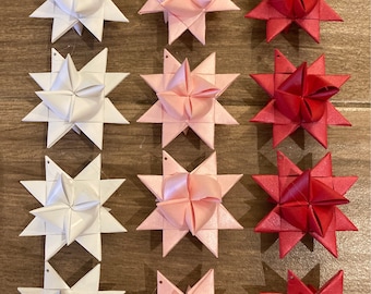 12 2-inch Valentine Mix - 4 pink/4 red/4 white Moravian Paper Star Ornaments - Comes with 1/16th inch hole punch with clear thread hanger