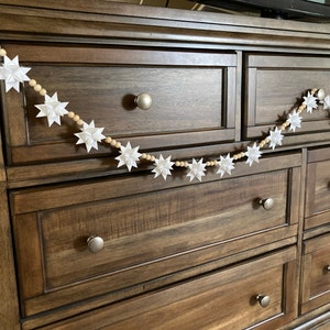 Moravian Paper Star Ornament Garland 24 2-inch White Stars with Natural Wood Beads NEW CREATION image 1