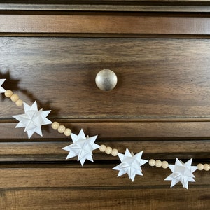 Moravian Paper Star Ornament Garland 24 2-inch White Stars with Natural Wood Beads NEW CREATION image 6