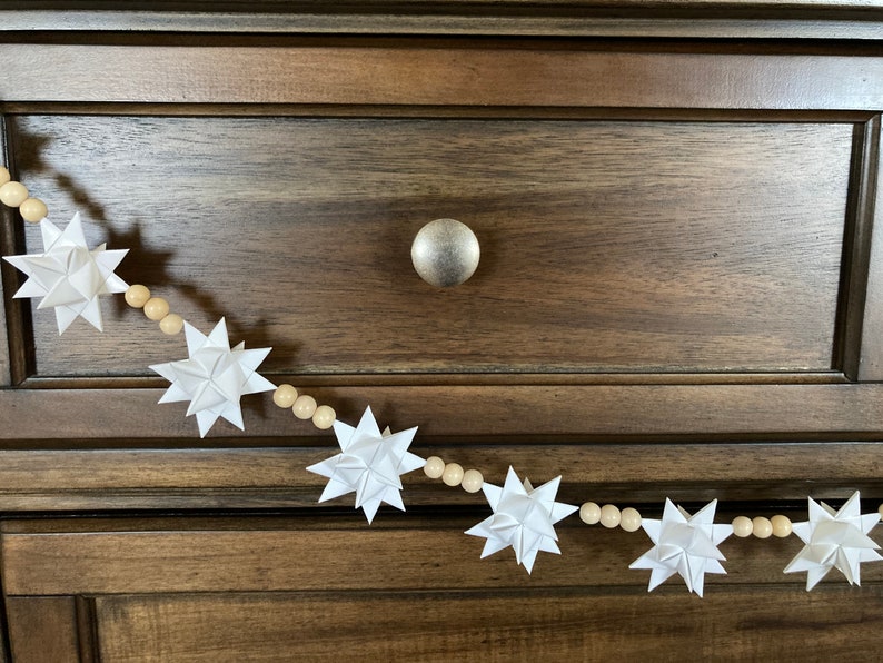 Moravian Paper Star Ornament Garland 24 2-inch White Stars with Natural Wood Beads NEW CREATION image 6