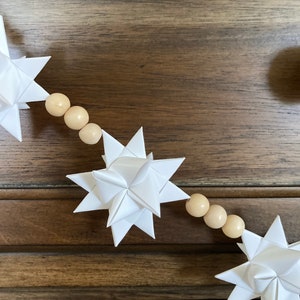 Moravian Paper Star Ornament Garland 24 2-inch White Stars with Natural Wood Beads NEW CREATION image 3