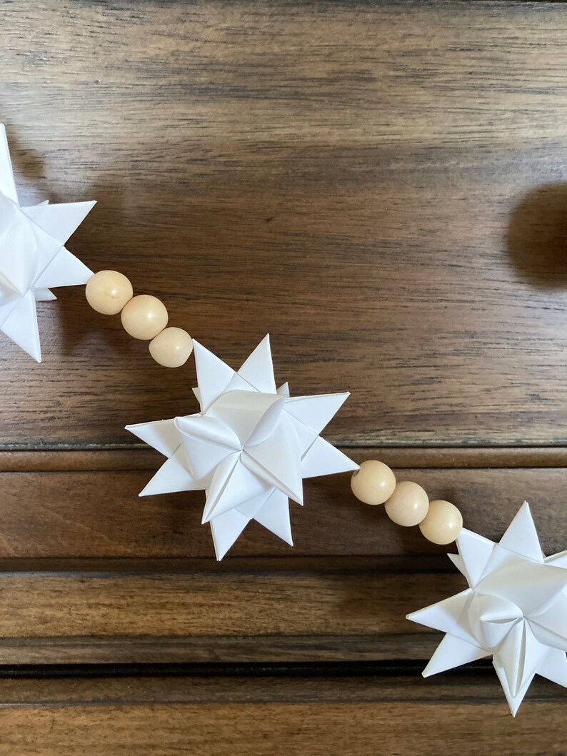 Moravian Paper Star Ornament Garland 24 2-inch White Stars with Natural Wood Beads NEW CREATION image 3