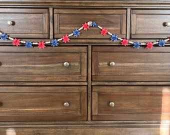 Moravian Paper Star Ornament Garland -  Patriotic, 4th of July, Memorial Day - Red & Blue Stars with White Beads - NEW CREATION!